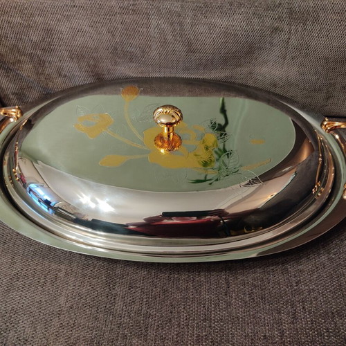 Stainless Steel Serving Platter with Lid used, vintage 90s gold details