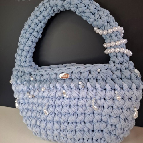 Blue handmade knitted bag with pearls, new