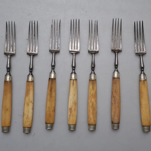 Antique forks with bone handles used, set of 9