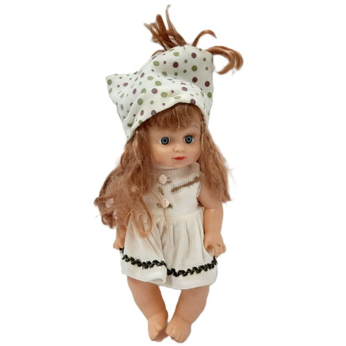 Vintage plastic doll 60s with open eyes, white knitted dress, tiara