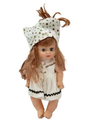 Vintage plastic doll 60s with open eyes, white knitted dress, tiara