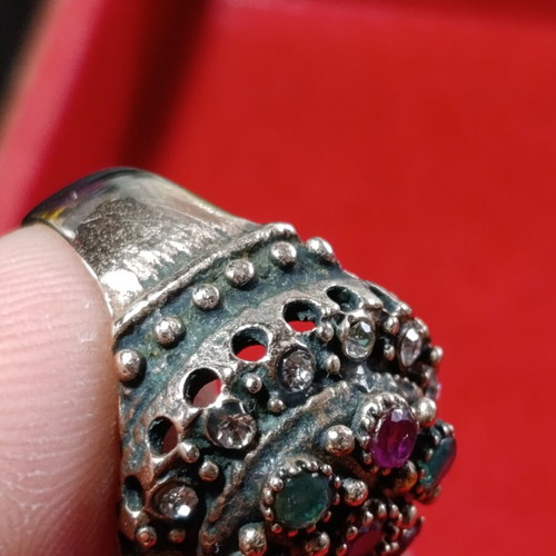Ring with multicolored stones used, gold color, size 59