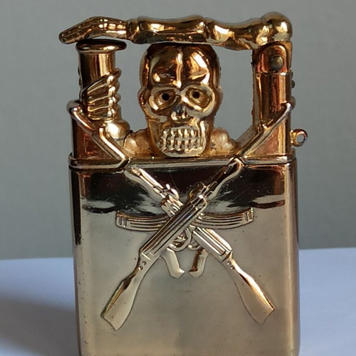 Vintage metal windproof lighter with skull and crossed rifles