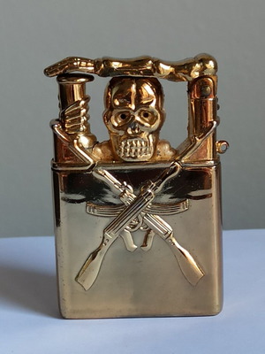 Vintage metal windproof lighter with skull and crossed rifles