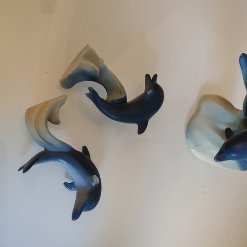 Decorative dolphin set used, pack of 3, blue-cream matte finish
