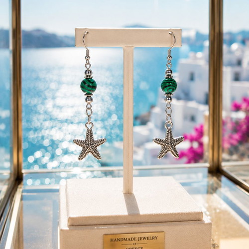 Handmade Earrings with Malachite and Hematite Semiprecious Stones, Silver Color