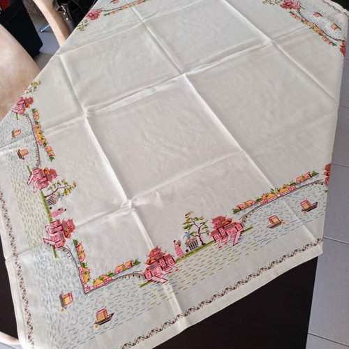 Handmade embroidered tablecloth white with multicolored flowers like new