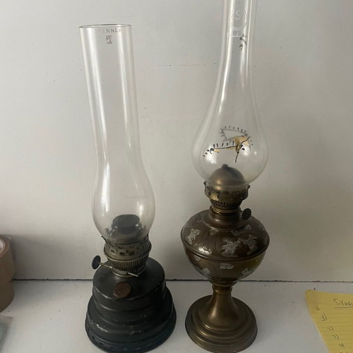 Oil lamps used, set of 2 with chimneys