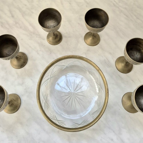 Vintage brass glasses set of 6 and glass bowl used