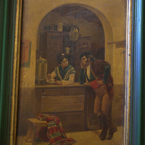 Antique Spanish Tavern Scene Oil Painting on Wooden Panel used