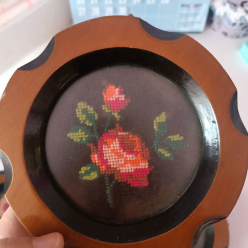 Vintage handmade embroidery cross-stitch with wooden frame, 14 cm, used