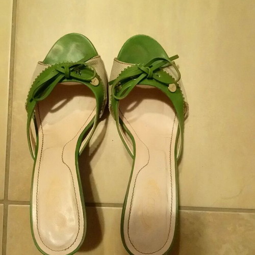 Tod's sandals used, beige and green with wooden heel, size 36.5