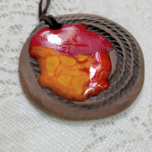Necklace handmade with polymer clay and melted glass pendant, new