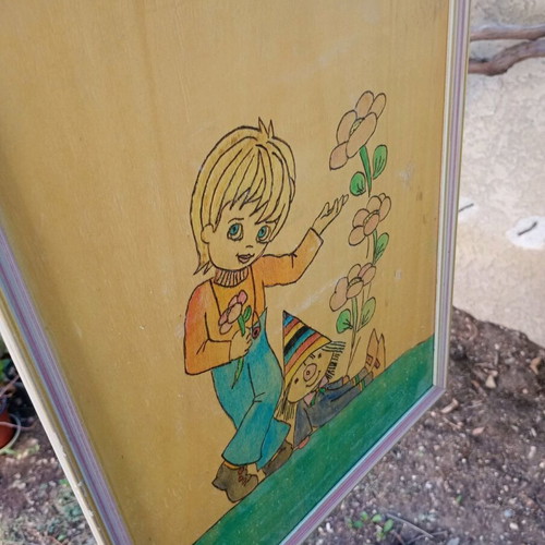 Woodcut painting used 42x32 awarded in special school contest