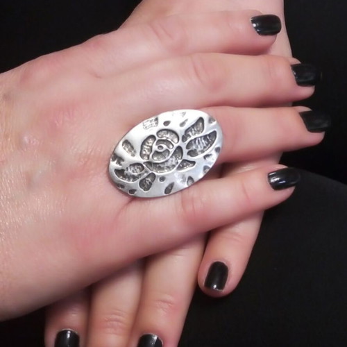 Handmade statement ring new, brutalist oval embossed silver