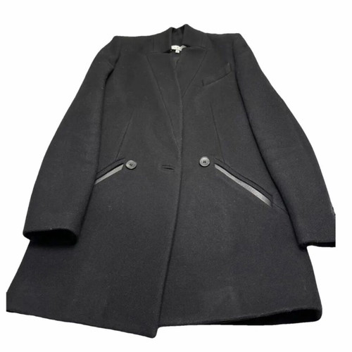 Iro Carey Black Wool Coat Size FR 34 Like New With Leather Details