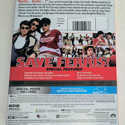 Ferris Bueller's Day Off 4K Ultra HD like new, comedy with subtitles