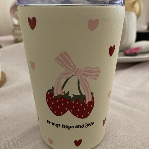 Thermos glass stainless steel 350 ml, new, cream with hearts and strawberries