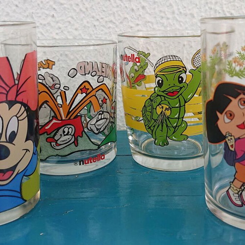 Vintage colorful children's glass cups Disney, Nickelodeon and Nutella like new