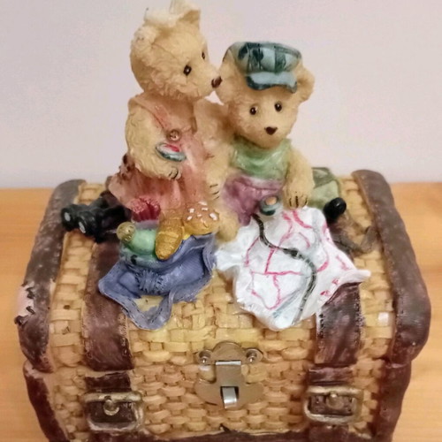 Vintage decorative piggy bank shaped like a chest with teddy bear figures like new