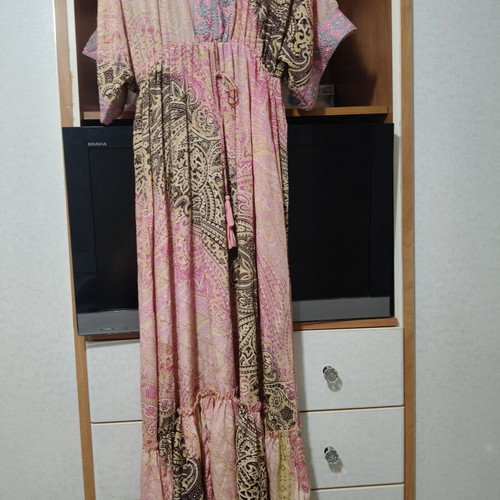 Silk long dress pink multicolor size L new