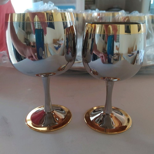 Stainless Steel Tray Set with 12 Wine/Liqueur Glasses and 2 Small Platters 24K Gold