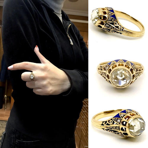 Vintage solitaire ring with 1.10ct diamond and blue enamel