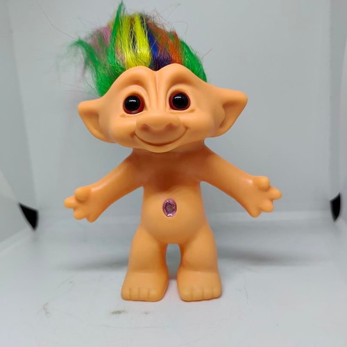 Collectible Efxoulis Troll Doll with Multicolored Hair and Pink Gem like new