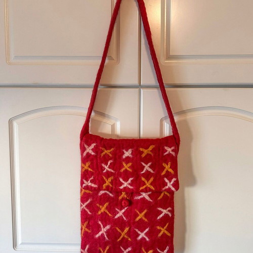 Handmade Crossbody Bag Used from Nepal Red Wool Felt