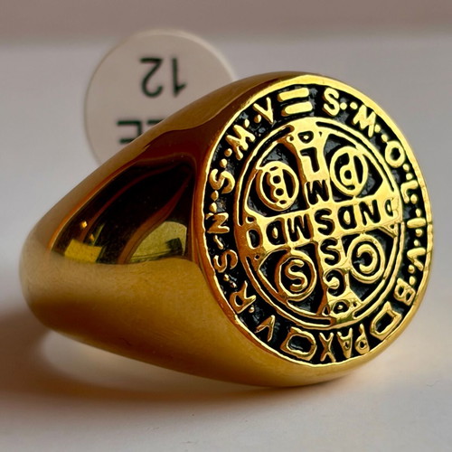 Saint Benedict Gold Signet Ring New, 316L Stainless Steel, US 12