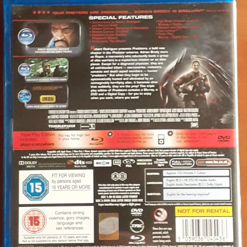 Predators Blu-Ray and DVD movie like new, horror sci-fi action