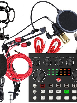 KIT Πυκνωτικό Μικρόφωνο MB-800, με κάρτα ήχου V8Sj, με Βάση, Shock Mount, Pop Filter και ακουστικά