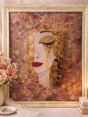 Mixed media painting Freyas tears Gustav Climt with wooden frame new