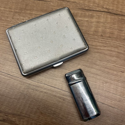 Vintage metal cigarette case set with lighter like new