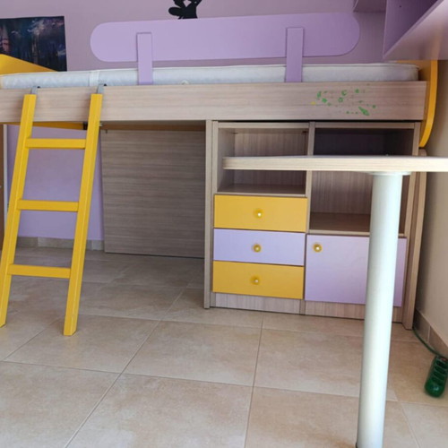Bunk bed with mattress, desk and wall shelf used