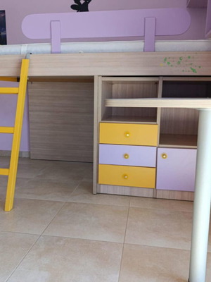 Bunk bed with mattress, desk and wall shelf used