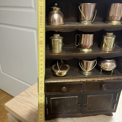 Vintage wooden miniature buffet with copper and brass utensils, used, 33cm