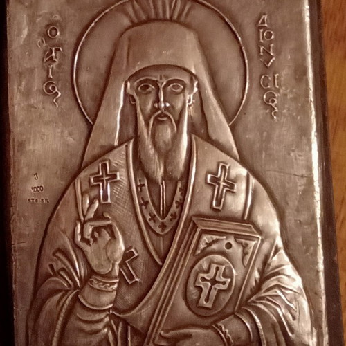 Silver frame Saint Antonios, 1000 silver, 260g with wooden base