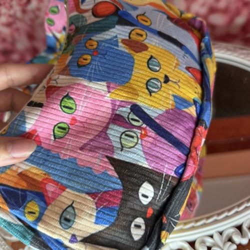 Handmade shoulder bag with colorful cat print, like new