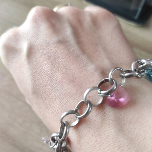 Silver 925 bracelet like new with multicolored dangling zircon hearts