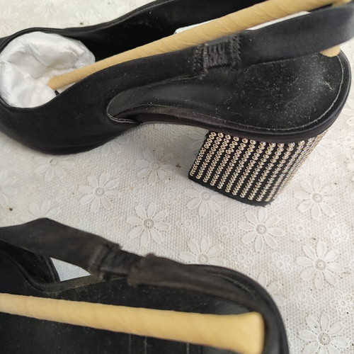 Only black satin slingback heels with gold studs, size 38