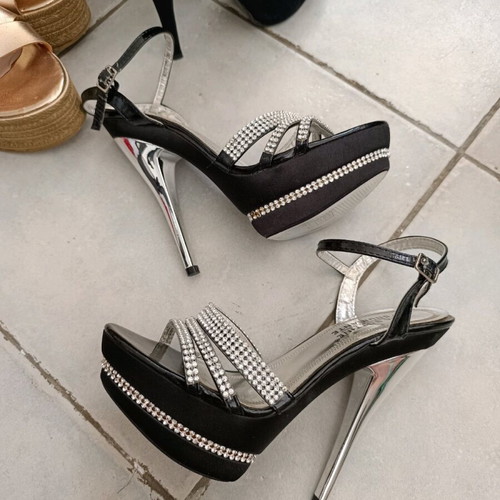 Satin sandals with rhinestones new, size 38, black and silver