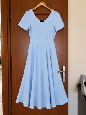 Blue cotton midi dress lined, size L, like new