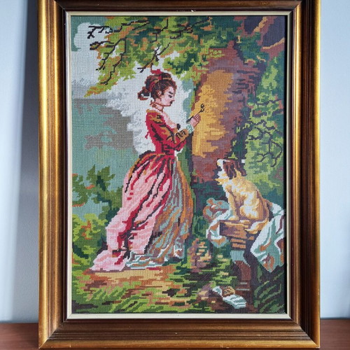 Textile painting with handmade embroidery like new, framed 82x61cm