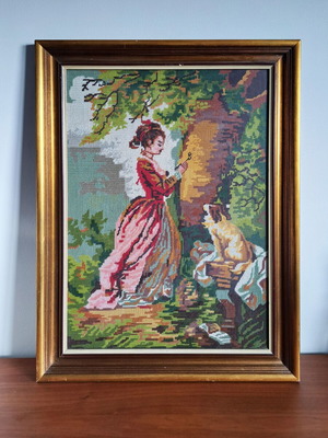 Textile painting with handmade embroidery like new, framed 82x61cm