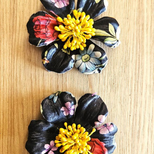 Two decorative fabric flowers new with gift pins