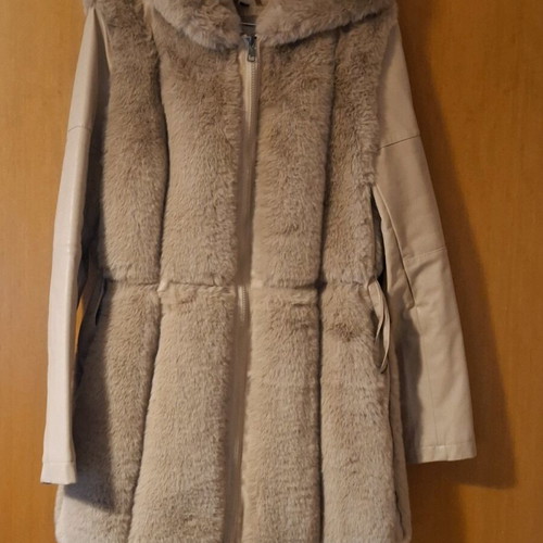 Women's Jacket with Faux Fur and Leatherette Sleeves, Like New, Beige