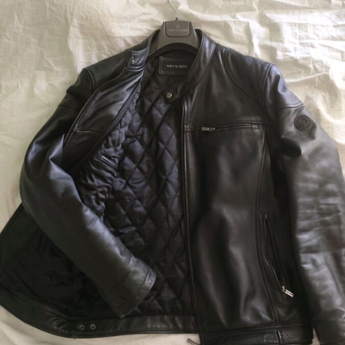 Navy & Green leather jacket like new, size 48 with detachable hood