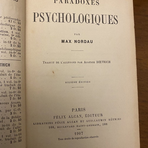 Max Nordau «Paradoxes Psychologiques» used book, Paris edition 1907, leather binding