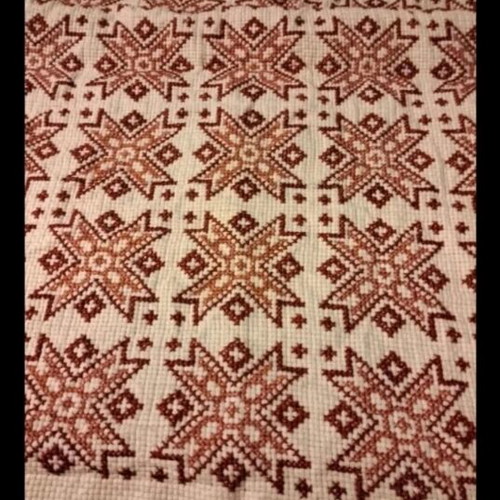 Runner handmade embroidery new, ecru itamin with burgundy red and salmon